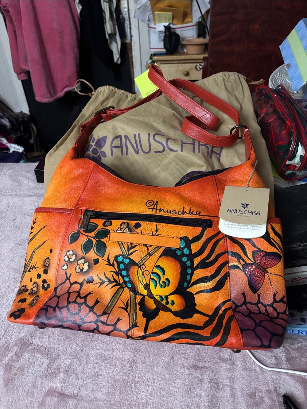 NWT Anuschka Leather Hobo Bag & Wallet Set Animal Butterfly Tangerine 7082